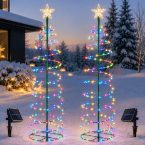 GLUAAE 2-Pack Solar Spiral Christmas Tree Lights, 36.6-Inch 135-LED Outdoor Xmas Tree Decorations with Star Topper for Garden Lawn Patio, Multicolor