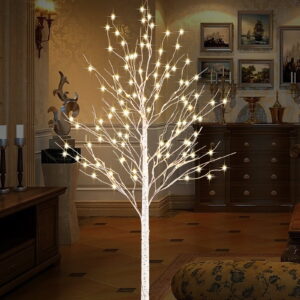 6 FT Birch Tree Light 440 pcs LEDs Warm White 8 Flashing Modes Remote Dimmable Lighted Trees for Home Decor Party Wedding Festival Decoration, etc. (Remote, Base and Plug Included)
