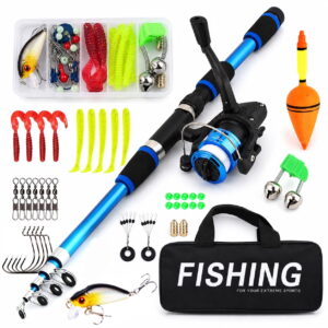 GLUAAE 5.9-Ft Telescopic Fishing Rod and Spinning Reel Combo with Tackle Kit, Lures, Hooks, Float and Carry Bag for Freshwater Saltwater Fishing, Blue