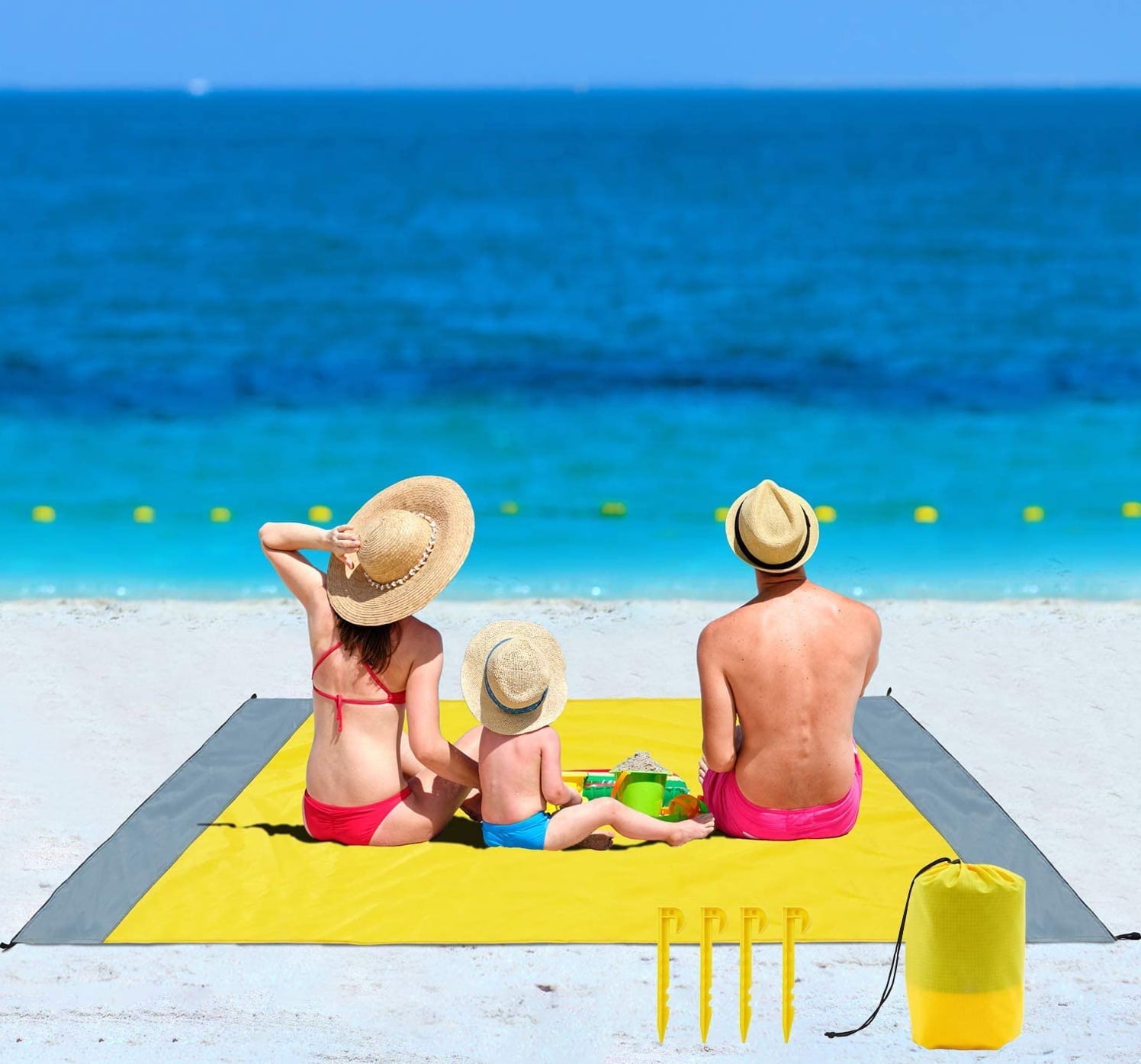 Beach Blanket, SandProof Beach Mat Large 4-7 Persons, Waterproof Picnic Mat Quick Drying Camping Blanket Made by Polyester with 4 Stakes for Outdoor Travel with Storage Bag (83" X 78")