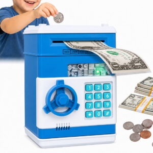 GLUAAE Electronic Piggy Bank ATM Safe for Kids with 4-Digit Password, Automatic Bill Roller, Coin and Cash Storage, Money Saving Bank for Ages 3-10, Blue