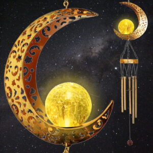 GLUAAE Solar Wind Chimes for Outside Hanging, Retro Metal Moon Wind Chime with Cracked Glass Ball, Unique Hanging Moon Wind Chime Tubes for Outdoor Garden Yard Patio Lawn Christmas Decorations