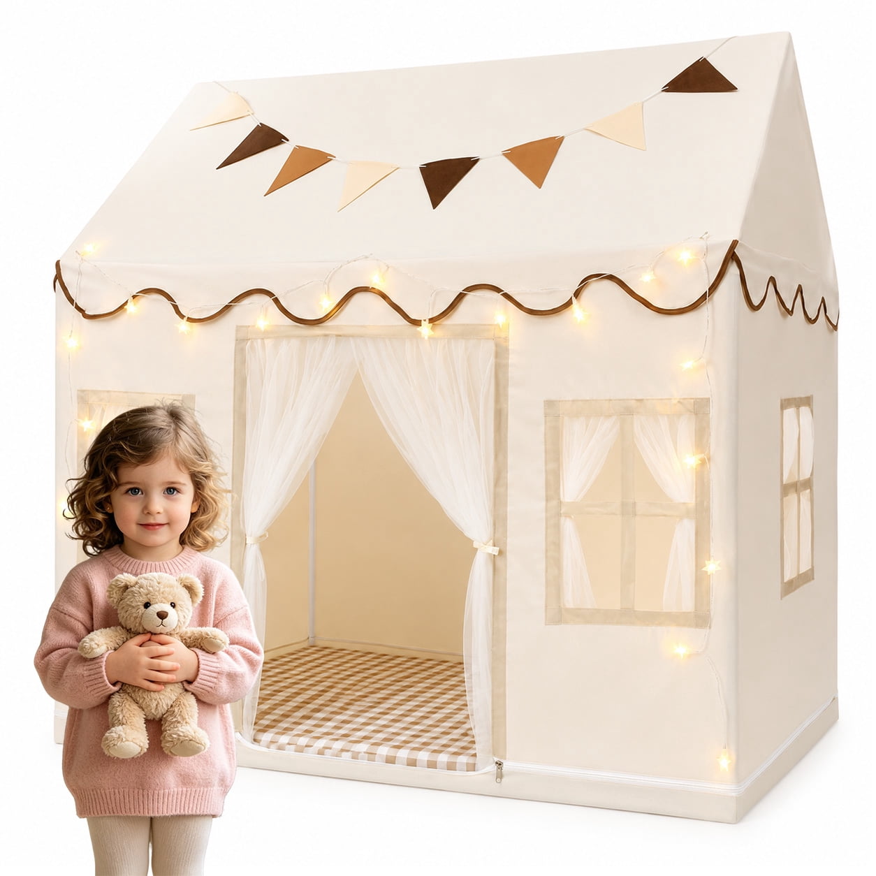 GLUAAE Large Kids Play Tent with Padded Mat and Decorative Accessories, Indoor Outdoor Playhouse with Mesh Windows, 50 x 34 x 51 Inches, Cream