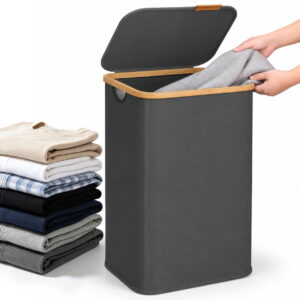 GLUAAE 100L Laundry Hamper with Lid, Foldable Oxford Fabric Laundry Basket with Bamboo Frame, 26.4 Gal Storage Bin for Bedroom and Living Room, Slate Gray
