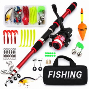 GLUAAE 5.9-Ft Telescopic Fishing Rod and Spinning Reel Combo with Tackle Kit, Lures, Hooks, Float and Carry Bag for Freshwater Saltwater Fishing, Red