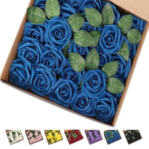 GLUAAE 25 Pack artificial foam roses with stems for wedding DIY bouquets, centerpieces, bridal showers, and home decoration (Navy Blue)