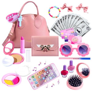 Little Girls Pretend Play Purse Set - 31 Pieces Including Handbag, Makeup, Sunglasses, Smartphone, Musical Phone, Car Keys - Ages 3-8