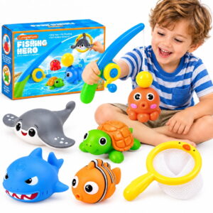 GLUAAE Magnetic Fishing Game Bath Toy for Toddlers, Bathtub Water Play Set with Fishing Rod, Fishing Net & 5 Soft Rubber Ocean Animal Floating Toys for Boys Girls