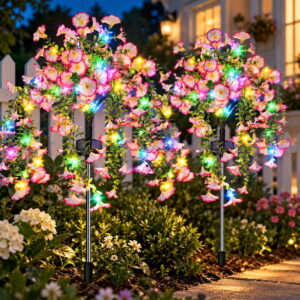 GLUAAE 2-Pack Solar Morning Glory Flower Garden Lights, IP65 Waterproof Auto On/Off Outdoor Stake Lights for Yard Patio Lawn, Multicolor