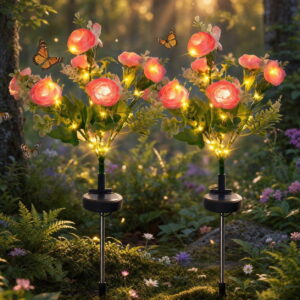 GLUAAE 2-Pack Solar Peony Flower Garden Lights, 7-Head Warm White Outdoor Stake Lights, IP65 Waterproof Auto On/Off for Yard Patio Lawn, Pink