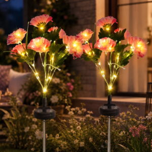 GLUAAE 2-Pack Solar Pink Hibiscus Flower Lights, Warm White LED Outdoor Garden Stake Lights, IP65 Waterproof Decor for Yard Patio Lawn Pathway
